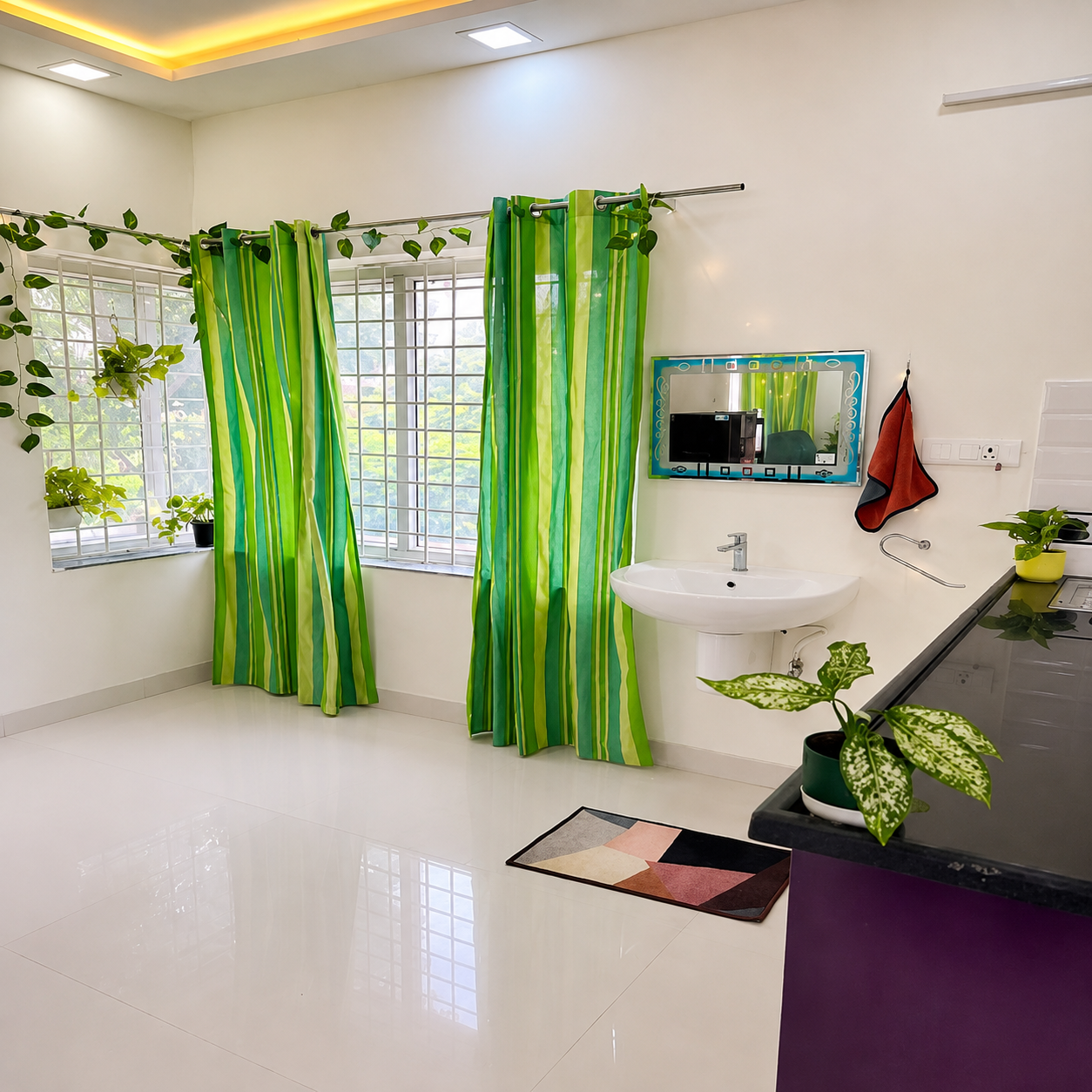 Modern home interior, bright interior, spacious room, contemporary home design, stylish interior, clean living space, white tiled floor, glossy flooring, large windows, natural light, green curtains, striped curtains, green home decor, indoor plants, hanging plants, potted plants, tropical plants, decorative mirror, wall mirror, wash basin, modern wash basin, compact sink area, black countertop, purple kitchen counter, modular kitchen, open kitchen design, functional kitchen, kitchen interior, U-shaped kitchen, colorful home decor, vibrant interior, elegant ceiling, false ceiling, LED ceiling lights, warm ceiling lighting, airy room, well-ventilated home, apartment interior, residential interior, modern apartment, student-friendly accommodation, student living space, student rental home, study-friendly home, business professional accommodation, working professional home, convenient living space, comfortable home, practical home design, urban lifestyle, rental property interior, real estate interior.
